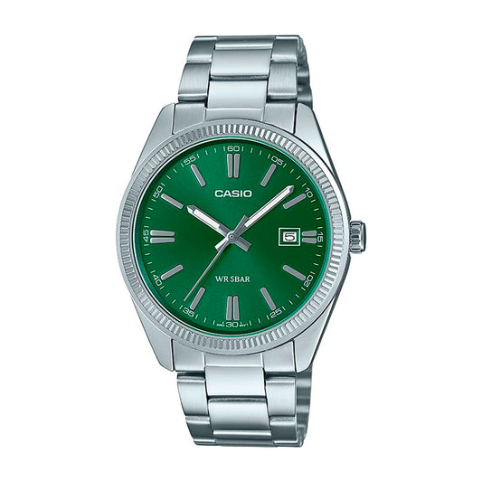 Reloj Casio Mtp-1302d-3avcf Para Caballero Color de la correa Plateado Color del bisel Plateado Color del fondo Verde oscuro